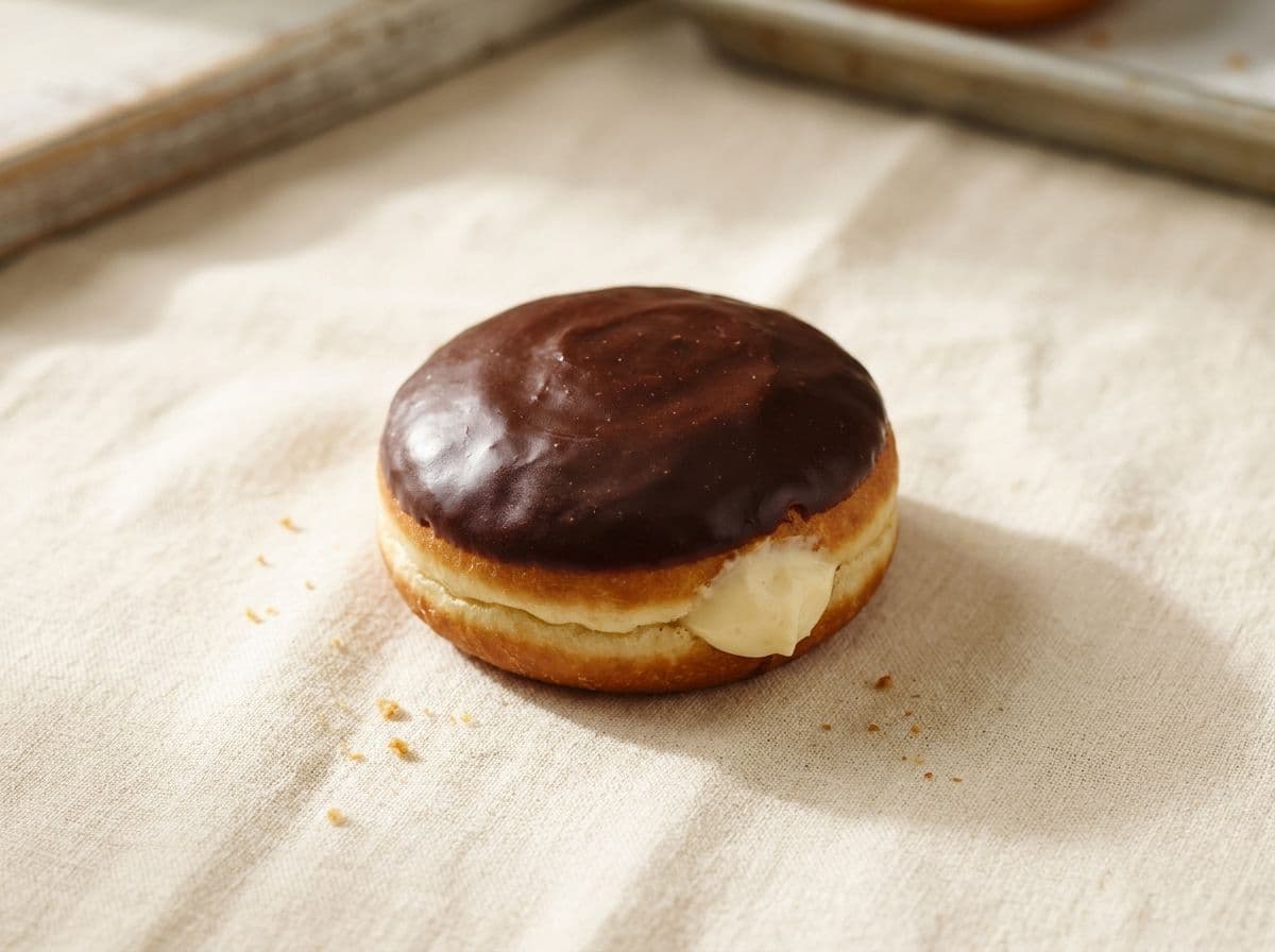 A filled Boston cream donut with chocolate top and cream filling peeking out