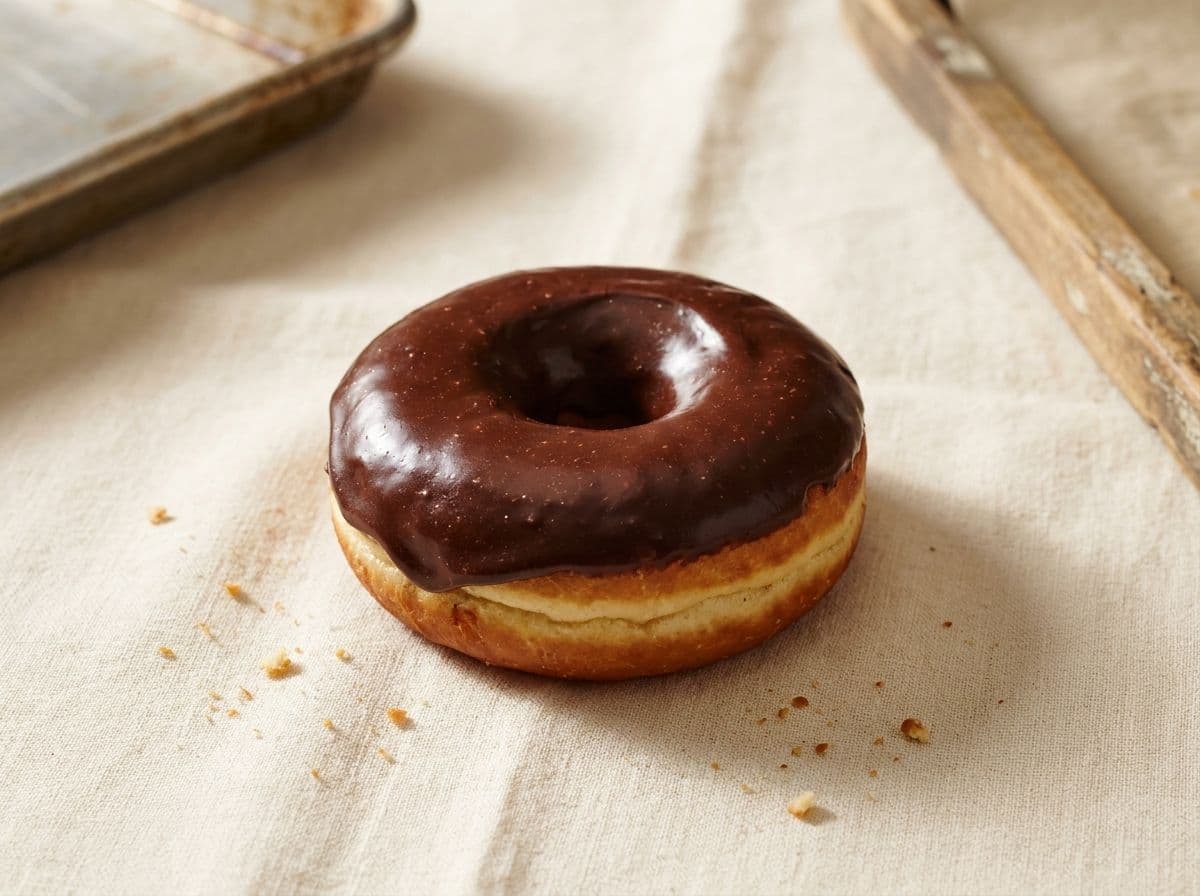 A yeast donut with glossy dark chocolate frosting