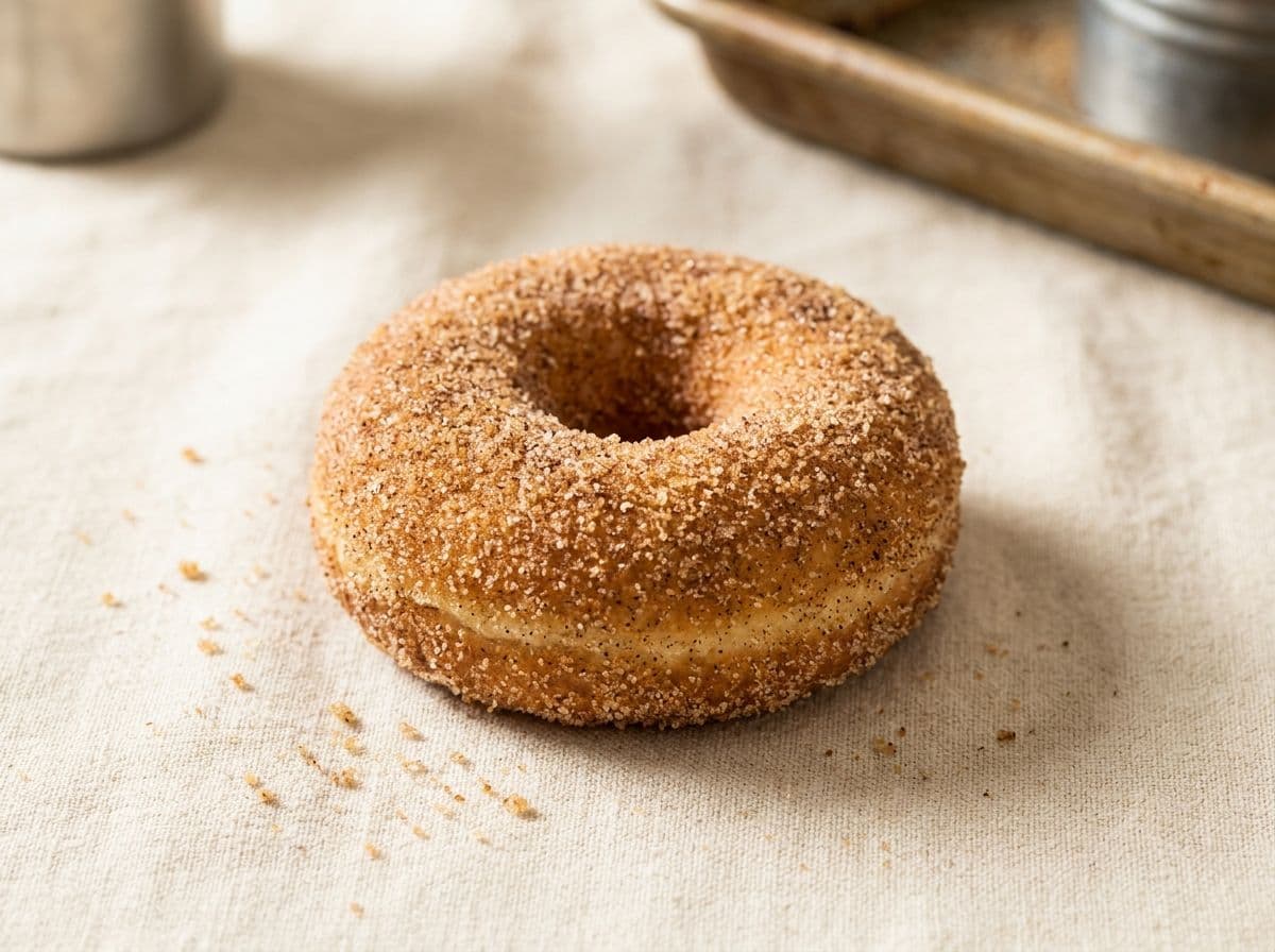 A yeast donut rolled in cinnamon sugar