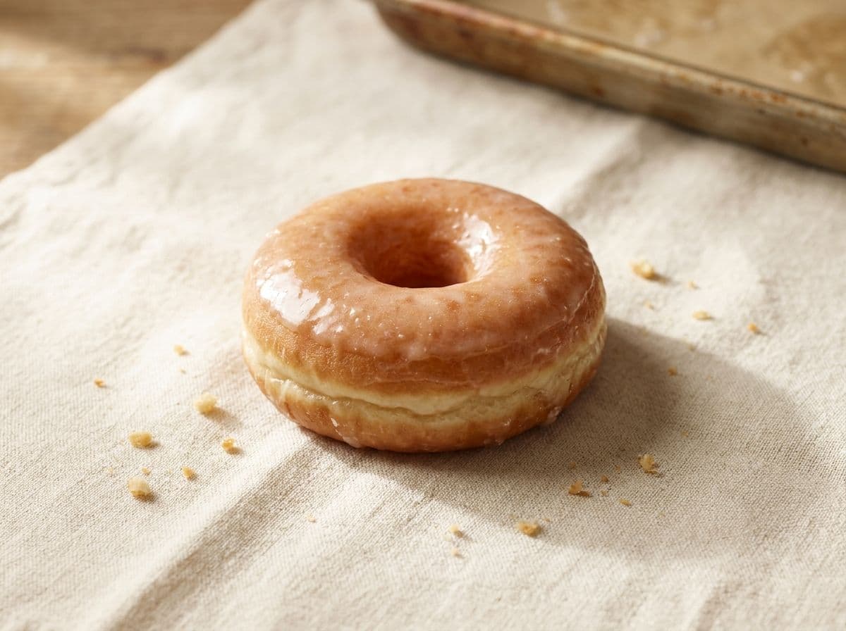 A classic glazed donut on a cream linen, soft morning light